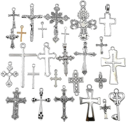Christian Cross Charm Assorted Alloy Crucifix Pendant Connector for DIY Necklace Bracelet Jewelry Making Accessaries(25Pcs,Antique Silver) - WORLD TIME VISITS