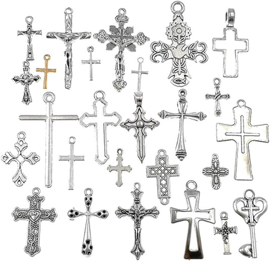 Christian Cross Charm Assorted Alloy Crucifix Pendant Connector for DIY Necklace Bracelet Jewelry Making Accessaries(25Pcs,Antique Silver) - WORLD TIME VISITS