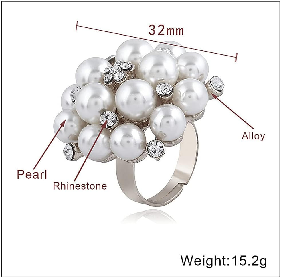 Big CZ Pearl Statement Wedding Ring for Women Girls Vintage CZ Crystal Faux Pearls Ball Flower Adjustable Open Band Wrap Birthday Cocktail Party Ring Comfort Fit Exaggerated Jewelry Gift