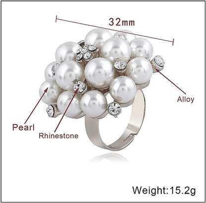 Big CZ Pearl Statement Wedding Ring for Women Girls Vintage CZ Crystal Faux Pearls Ball Flower Adjustable Open Band Wrap Birthday Cocktail Party Ring Comfort Fit Exaggerated Jewelry Gift