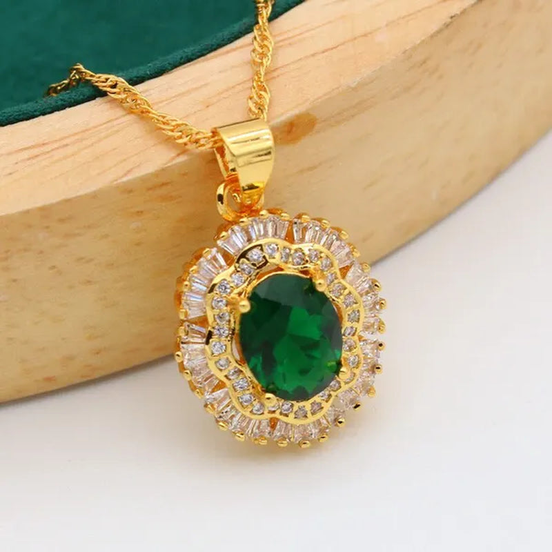 New Arrivals Gold Color Jewelry Sets For Women Wedding Green Zircon Bracelet Earrings Necklace Pendant Open Ring 4PCS
