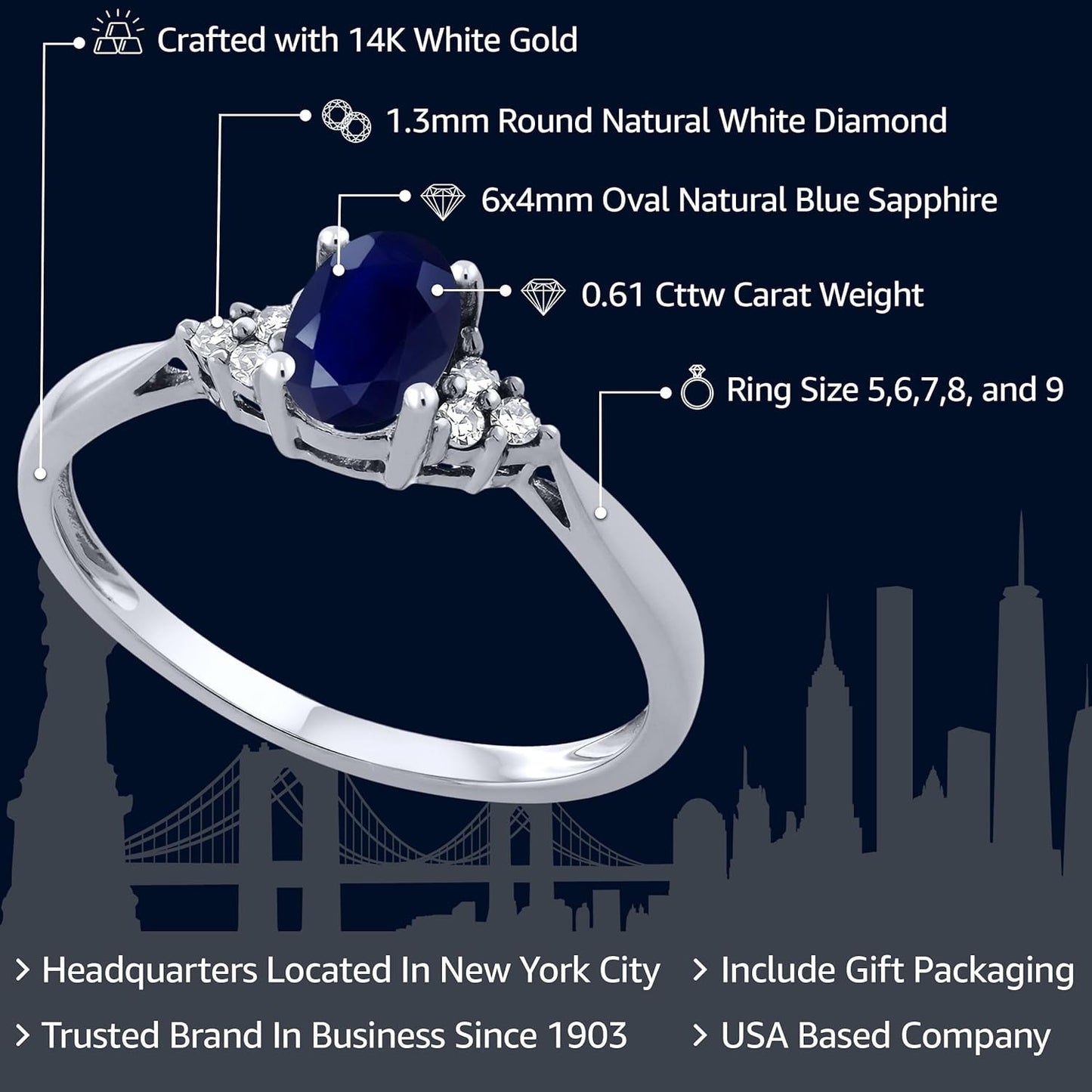14K White Gold Blue Sapphire and White Diamond Engagement Ring for Women (0.61 Cttw, Gemstone Birthstone, Available 5,6,7,8,9)
