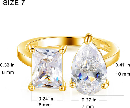 Adjustable Stretchy Eternity Ring,14K Gold Plated Pear/Square Cubic Zirconia Open Wedding Rings for Women