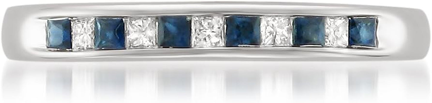 1/3 Carat Diamond, Channel-Set 14K White Gold Princess Cut Diamond and Blue Sapphire Wedding Band Ring (H-I, I1-I2) Natural Diamond Wedding Band for Women | Gift Box Included