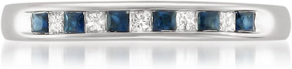 1/3 Carat Diamond, Channel-Set 14K White Gold Princess Cut Diamond and Blue Sapphire Wedding Band Ring (H-I, I1-I2) Natural Diamond Wedding Band for Women | Gift Box Included