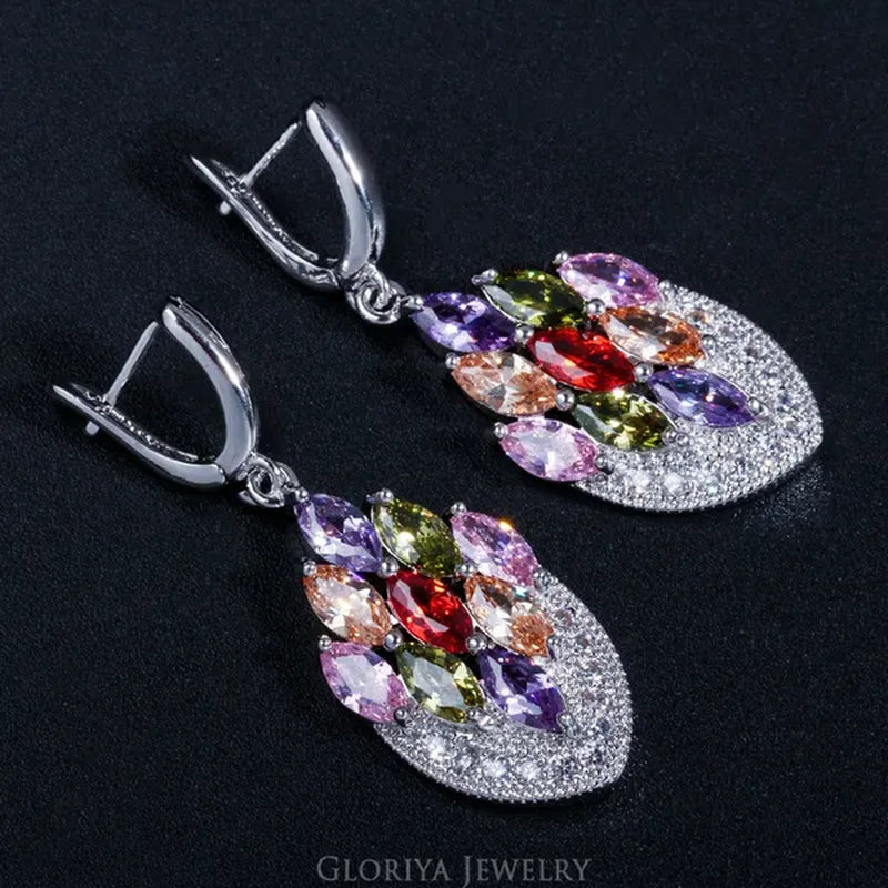Gloriya Latest Fashion Women Christmas Party Silver Plated Jewelry Set Multicolor CZ Crystal Ring Earrings Bracelet Necklace 4 Pcs Jewelry Sets