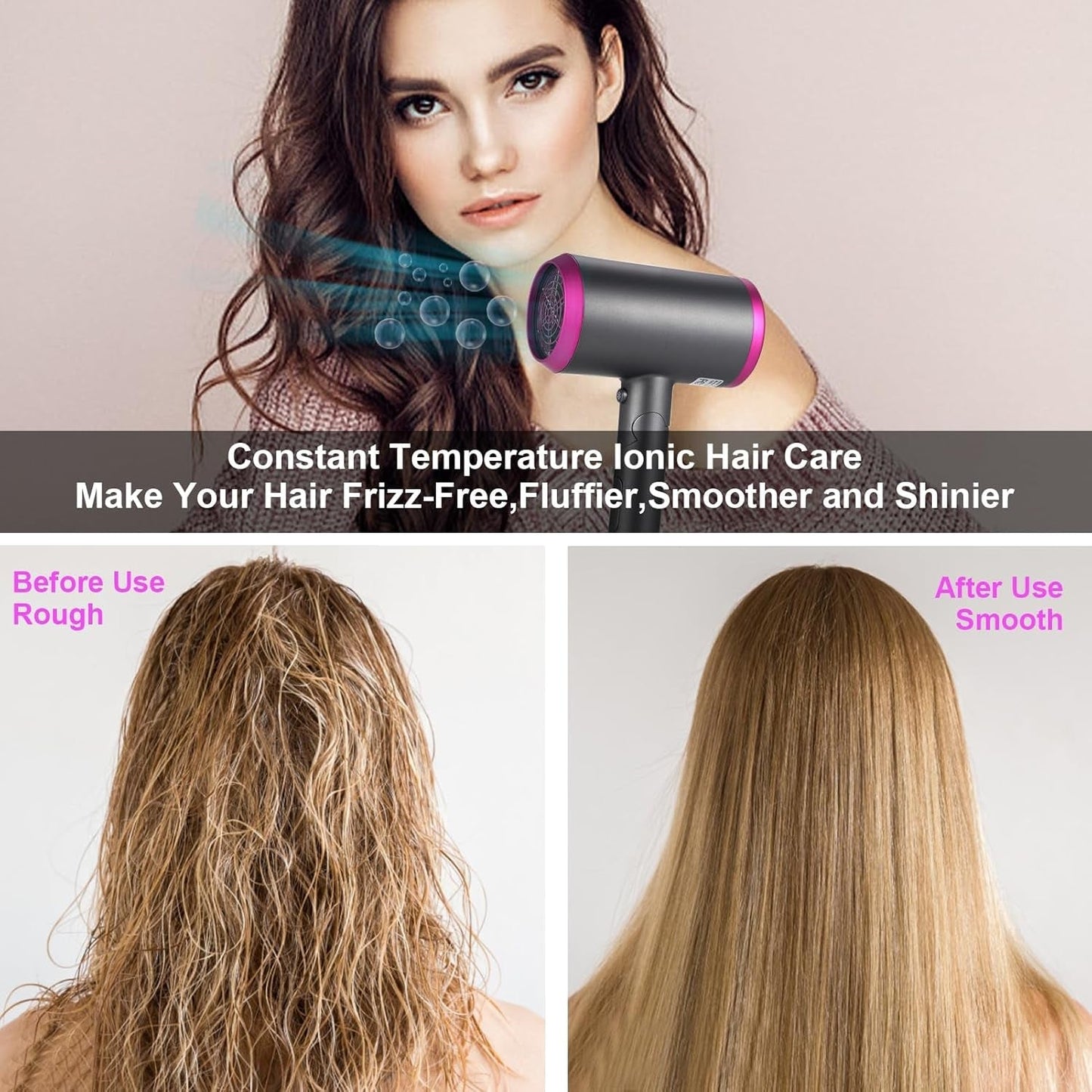 1800W Hair Dryer Professional Salon Anion Hair Dryer with Attachment Diffuser & Nozzles, 2 Speeds Fast Dry with Constant Temperature, Home Use Portable Foldable Hair Dryer