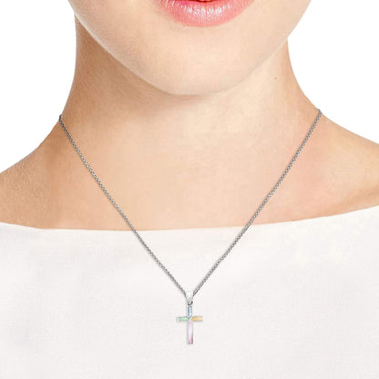 Iridescent Cross of Faith Stone and Shell .925 Sterling Silver Necklace, 18 Inch