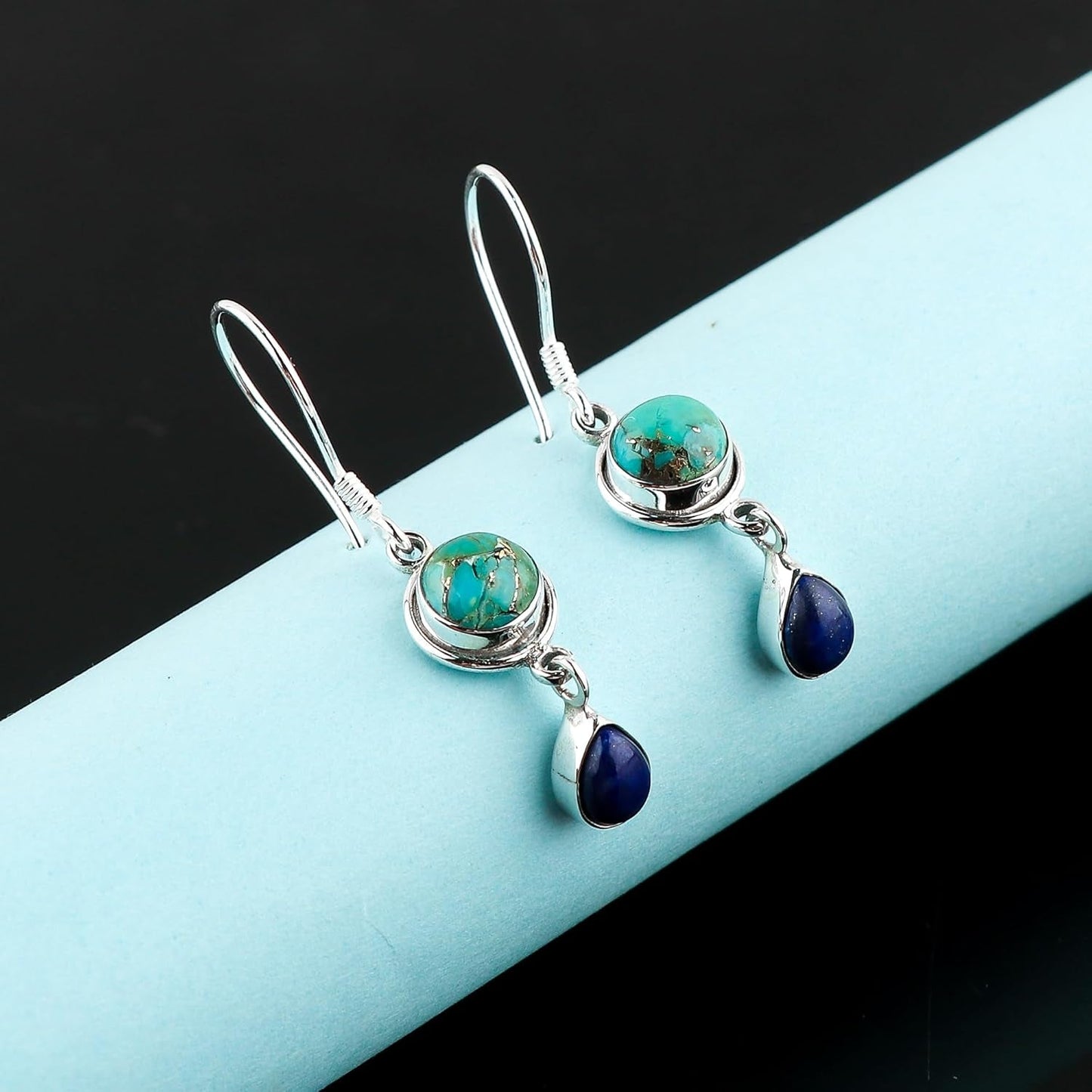 Turquoise & Lapis Lazuli Gemstone Earrings | 925 Sterling Silver Jewelry | Artiasn Crafted Handmade Jewelry | Stunning Drop Design | Healing Crystals | Perfact Gift for Women