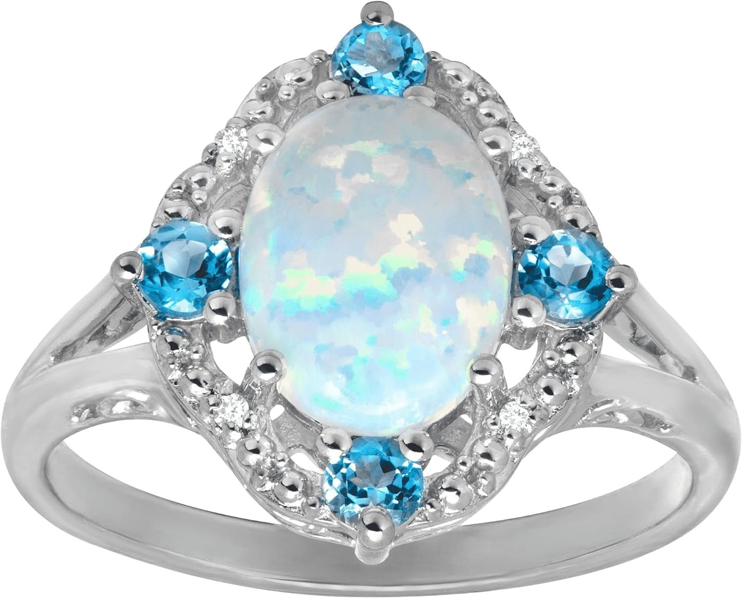 1 1/6 Ct Created Opal & Natural Swiss Blue Topaz Ring with Diamonds in Sterling Silver - WORLD TIME VISITS