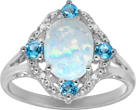 1 1/6 Ct Created Opal & Natural Swiss Blue Topaz Ring with Diamonds in Sterling Silver - WORLD TIME VISITS