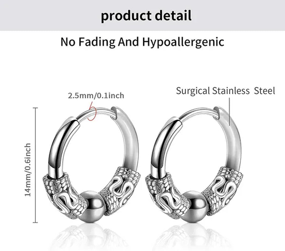 1 Pair Mens Womens Vintage Huggie Hoop Earrings Surgical Stainless Steel 14Mm Hip Hop Punk Earrings Silver Black Hypoallergenic
