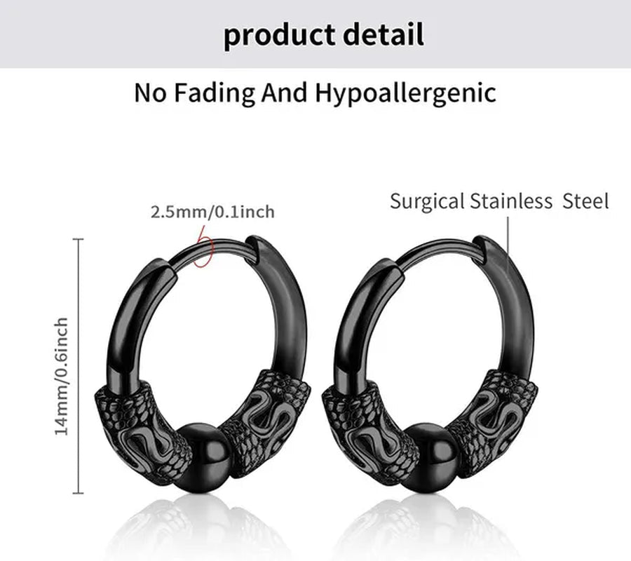 1 Pair Mens Womens Vintage Huggie Hoop Earrings Surgical Stainless Steel 14Mm Hip Hop Punk Earrings Silver Black Hypoallergenic