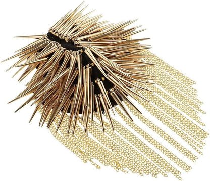 1 Pair Shoulder Epaulet Crystal Rhinestone Punk Rivet Tassels Shoulder Board Arm Badge Brooch Gifts - Golden