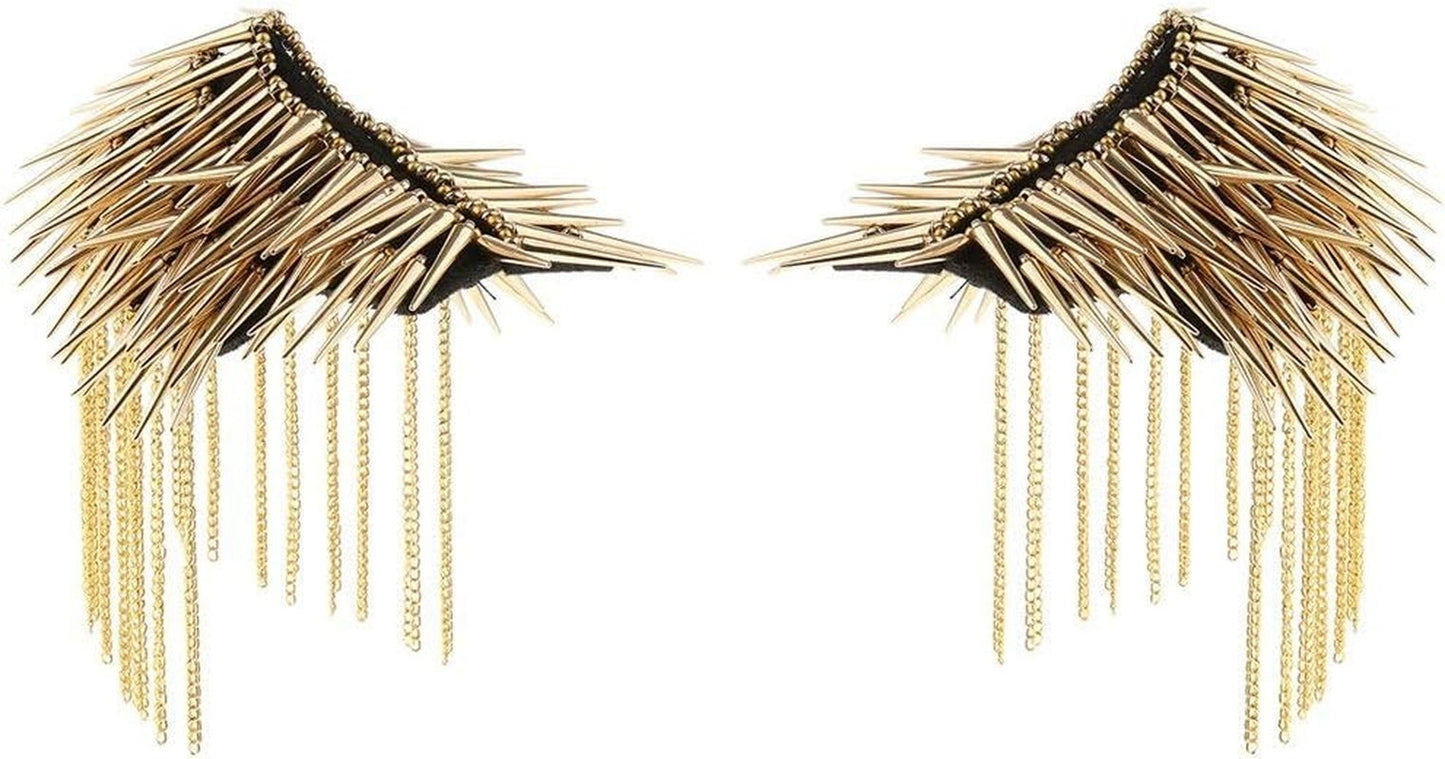 1 Pair Shoulder Epaulet Crystal Rhinestone Punk Rivet Tassels Shoulder Board Arm Badge Brooch Gifts - Golden - WORLD TIME VISITS