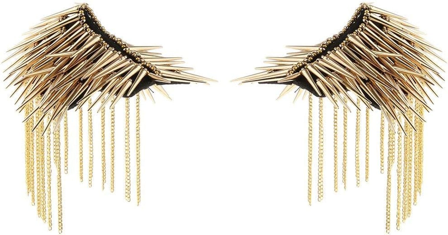 1 Pair Shoulder Epaulet Crystal Rhinestone Punk Rivet Tassels Shoulder Board Arm Badge Brooch Gifts - Golden - WORLD TIME VISITS