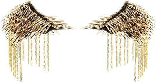 1 Pair Shoulder Epaulet Crystal Rhinestone Punk Rivet Tassels Shoulder Board Arm Badge Brooch Gifts - Golden - WORLD TIME VISITS