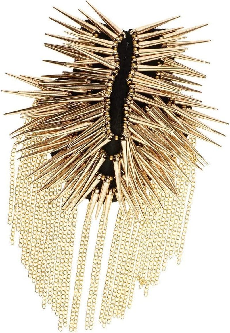 1 Pair Shoulder Epaulet Crystal Rhinestone Punk Rivet Tassels Shoulder Board Arm Badge Brooch Gifts - Golden