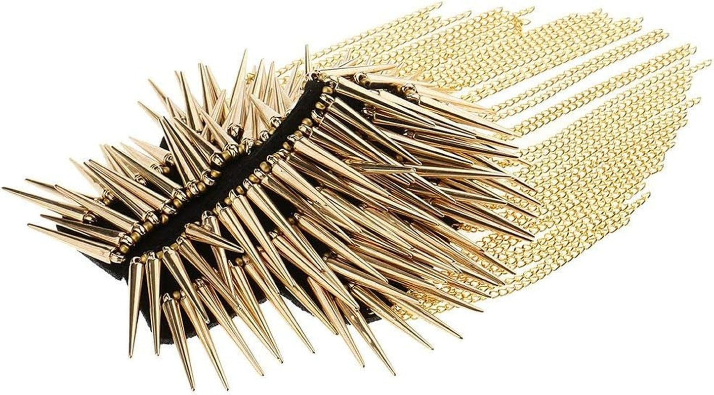 1 Pair Shoulder Epaulet Crystal Rhinestone Punk Rivet Tassels Shoulder Board Arm Badge Brooch Gifts - Golden