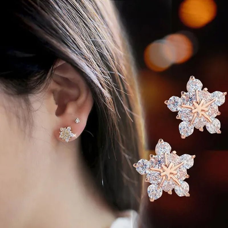 1 Pair Silver Plated Lab Diamond Snowflake Stud Earrings for Women Wedding Party Fashion Accessories