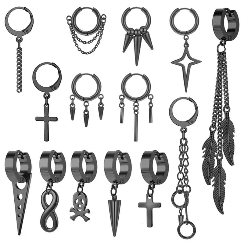 1 Pair Stainless Steel Huggie Hinged Hoop Earrings Hoop Dangle Earrings for Women Men Silver Black - WORLD TIME VISITS