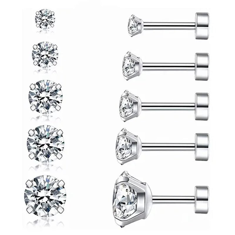 1 Pair/9 Pairs 18G Stainless Steel Ear Stud Piercing Barbell Studs Earrings round Cubic Zirconia Inlaid Body Jewelry for Women Girls Kids Christmas Present