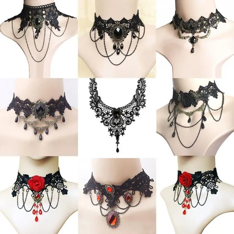 1 PCS Black Lace Necklace Chokers Vintage Style Female Gothic Wedding Red Rose Crystal Diamond Pendant Collarbone Necklace Chain Accessories for Women Girls(10 Style) - WORLD TIME VISITS