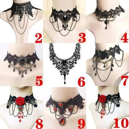 1 PCS Black Lace Necklace Chokers Vintage Style Female Gothic Wedding Red Rose Crystal Diamond Pendant Collarbone Necklace Chain Accessories for Women Girls(10 Style) - WORLD TIME VISITS