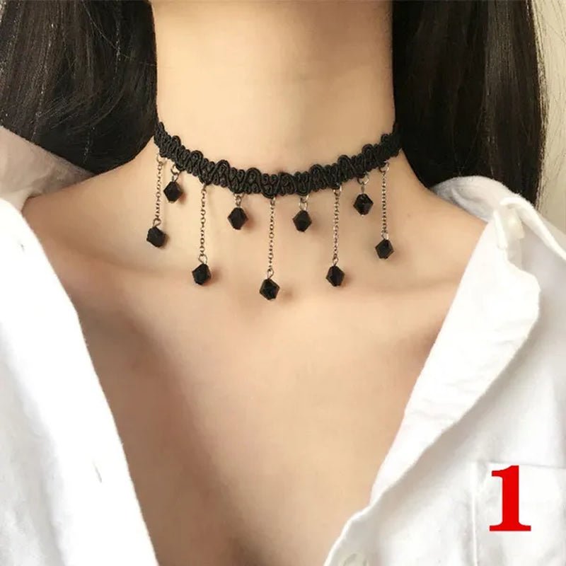1 PCS Black Lace Necklace Chokers Vintage Style Female Gothic Wedding Red Rose Crystal Diamond Pendant Collarbone Necklace Chain Accessories for Women Girls(10 Style) - WORLD TIME VISITS