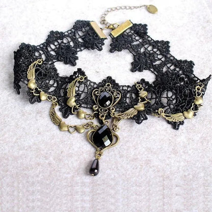 1 PCS Black Lace Necklace Chokers Vintage Style Female Gothic Wedding Red Rose Crystal Diamond Pendant Collarbone Necklace Chain Accessories for Women Girls(10 Style) - WORLD TIME VISITS