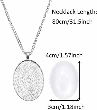 10 Sets Silver Color Oval Bezel Pendant Kit with Glass Cabochon Iron Chain for Necklace Jewelry Making 40X30Mm