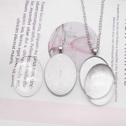 10 Sets Silver Color Oval Bezel Pendant Kit with Glass Cabochon Iron Chain for Necklace Jewelry Making 40X30Mm