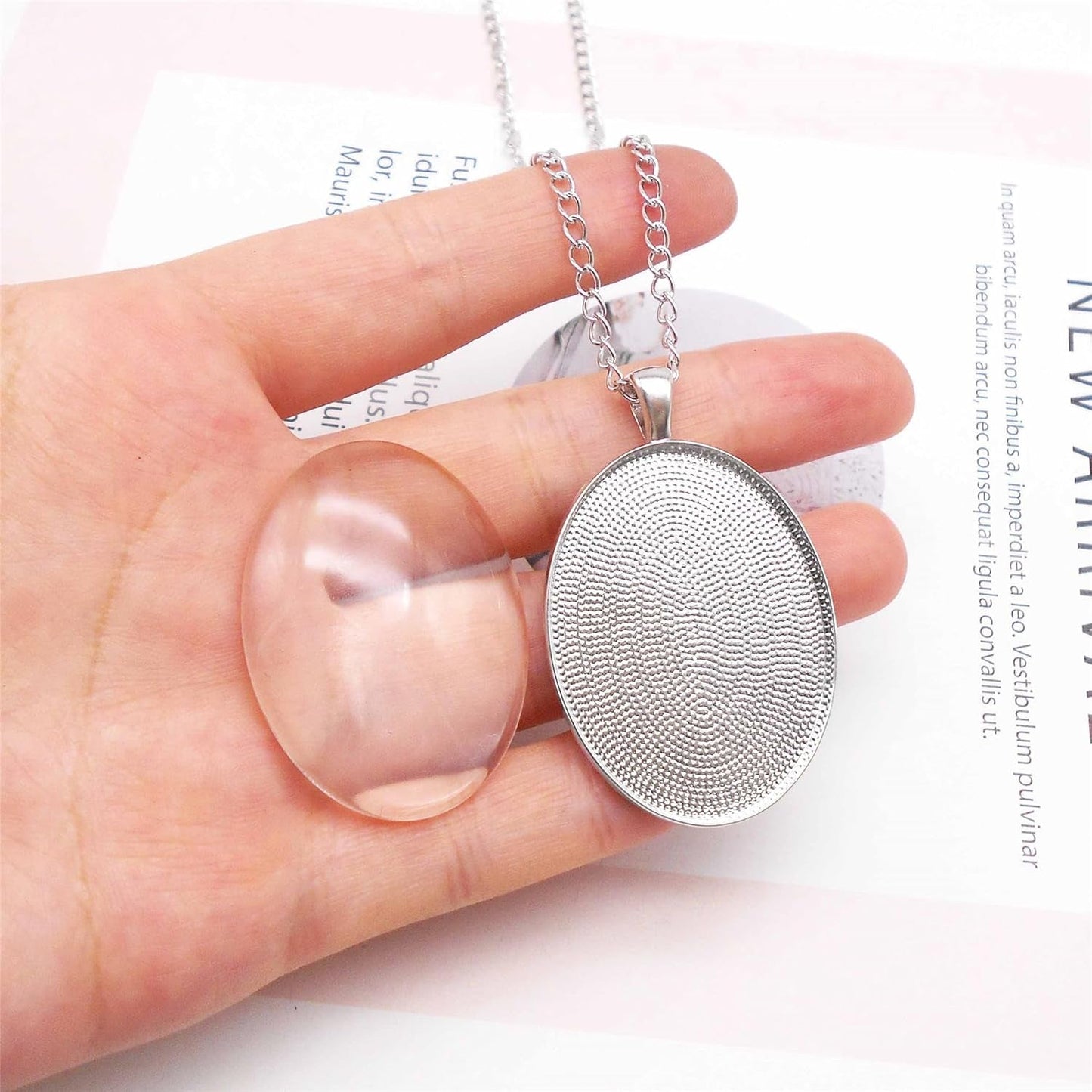 10 Sets Silver Color Oval Bezel Pendant Kit with Glass Cabochon Iron Chain for Necklace Jewelry Making 40X30Mm - WORLD TIME VISITS