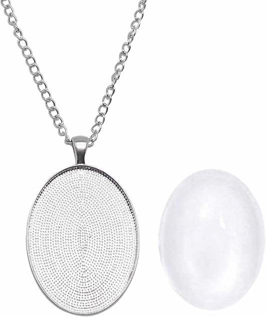 10 Sets Silver Color Oval Bezel Pendant Kit with Glass Cabochon Iron Chain for Necklace Jewelry Making 40X30Mm - WORLD TIME VISITS