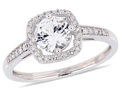 1.00 Carat (ctw) Lab Created White Sapphire Halo Engagement Ring in 10K White Gold with Diamonds - WORLD TIME VISITS