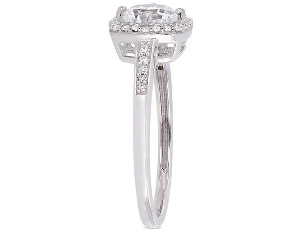 1.00 Carat (ctw) Lab Created White Sapphire Halo Engagement Ring in 10K White Gold with Diamonds