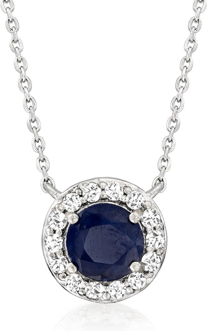 1.00 Carat Sapphire and .20 Ct. T.W. Diamond Pendant Necklace in 14Kt White Gold - WORLD TIME VISITS