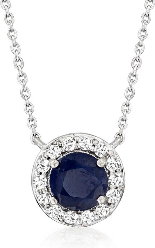 1.00 Carat Sapphire and .20 Ct. T.W. Diamond Pendant Necklace in 14Kt White Gold - WORLD TIME VISITS