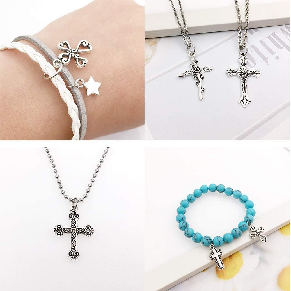 100Pcs 13X27Mm Silver Small Cross Charms Pendants Beads for Jewelry Making Crafting Findings Accessory for DIY Necklace Bracelet (7916)