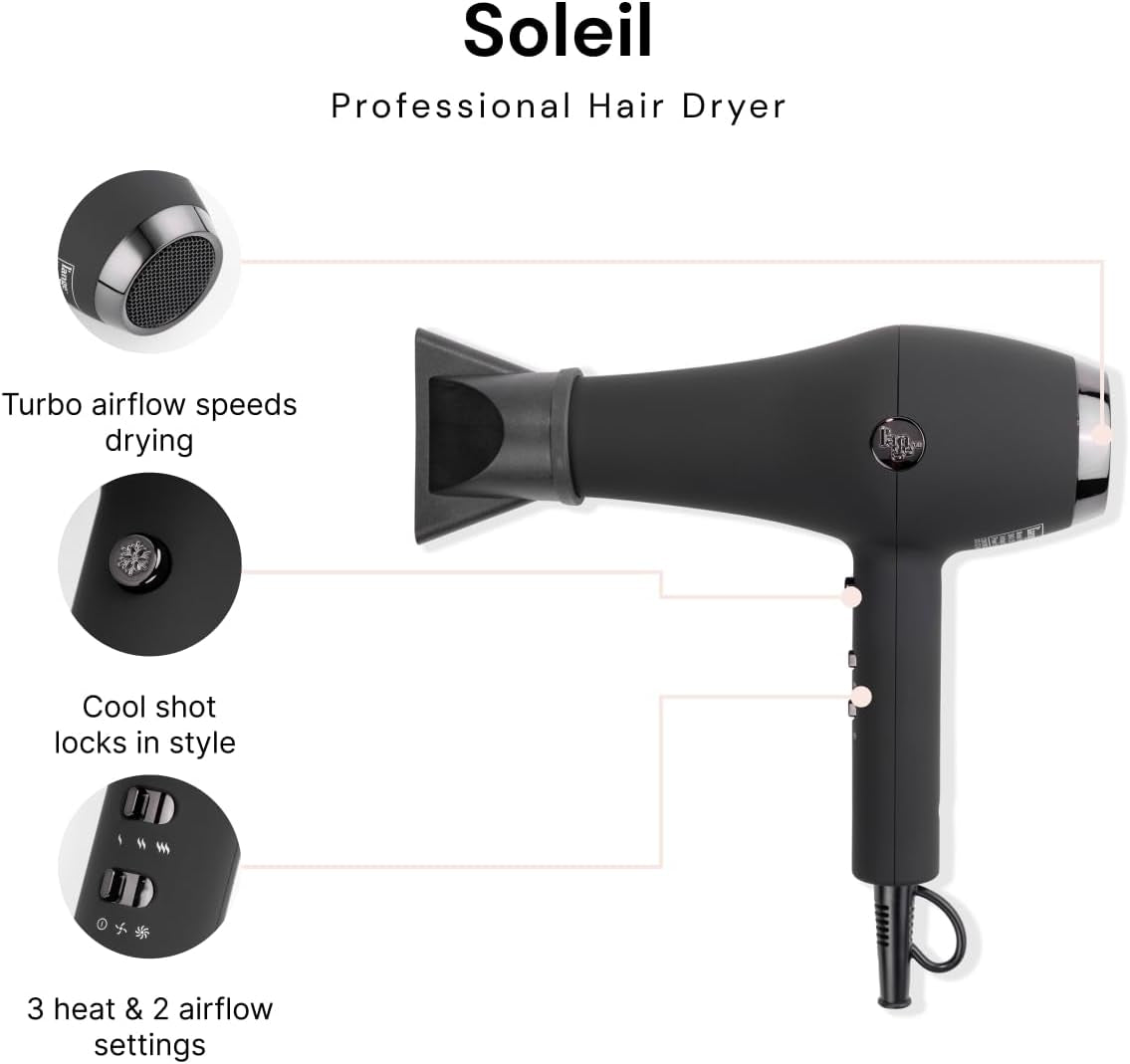 Soleil Professional Hair Dryer | 3 Heat Settings & 2 Airflow Settings | Cool Shot Locks-In Style | Professional Length Cord | Best Lightweight Hair for Smooth Blowouts (Black) - WORLD TIME VISITS