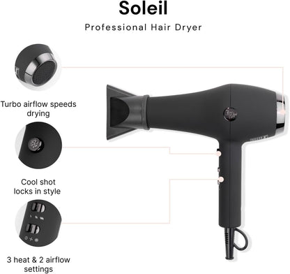 Soleil Professional Hair Dryer | 3 Heat Settings & 2 Airflow Settings | Cool Shot Locks-In Style | Professional Length Cord | Best Lightweight Hair for Smooth Blowouts (Black) - WORLD TIME VISITS