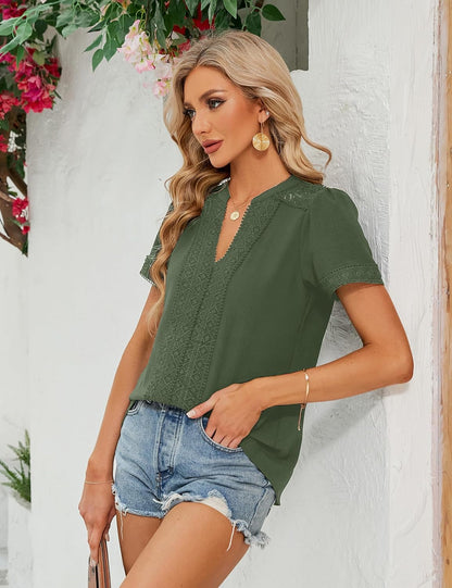 Womens Dressy Casual Blouses Short Sleeve V Neck Business Tops Summer Ladies Trendy Boho Office Work Shirts