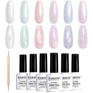 Pearl Gel Nail Polish Set Clear Shell Glitter Gel Polish 6 Colors Pearlescent Pink White Blue Purple Silver Gold Shimmer Mermaid Swirl Thread Effect LED UV Soak off Curing Requires Home Salon