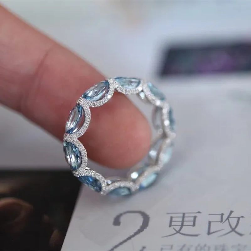 Women Exquisite 925 Sterling Silver Filled Aquamarine Sea Blue Diamonds Gemstone Princess Rings Jewelry