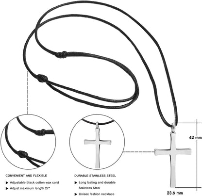 Stainless Steel Cross Necklace for Men - Cross Pendant with 18 Inch Adjustable Black Rope Cord - Mens Cross Necklaces