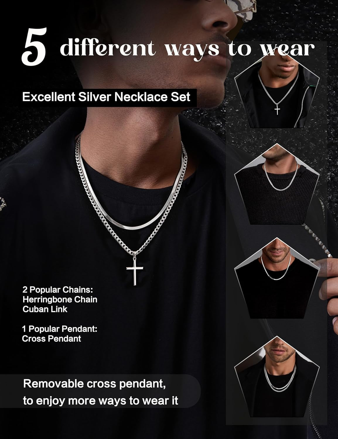 925 Sterling Silver Cross Necklace for Men - Waterproof Layered Sterling Silver Cross Pendant Necklaces Stainless Steel Cuban Link Herringbone Cross Chain Necklace Set Jewelry Gifts 16-30 Inches - WORLD TIME VISITS
