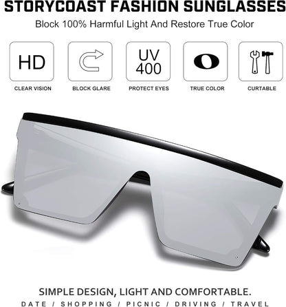 Square Sunglasses for Women Men Fashion Big Frame Flat Top Sun Glasses Mirror Lens
