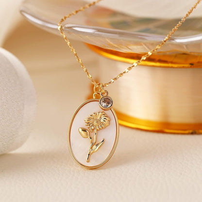 Birth Flower Shell Cameo Necklace with Birthstone Charms for Women: Dainty 18K Gold Plated Vintage Crystal Seashell Personalized Necklaces Aesthetic Birthday Gifts