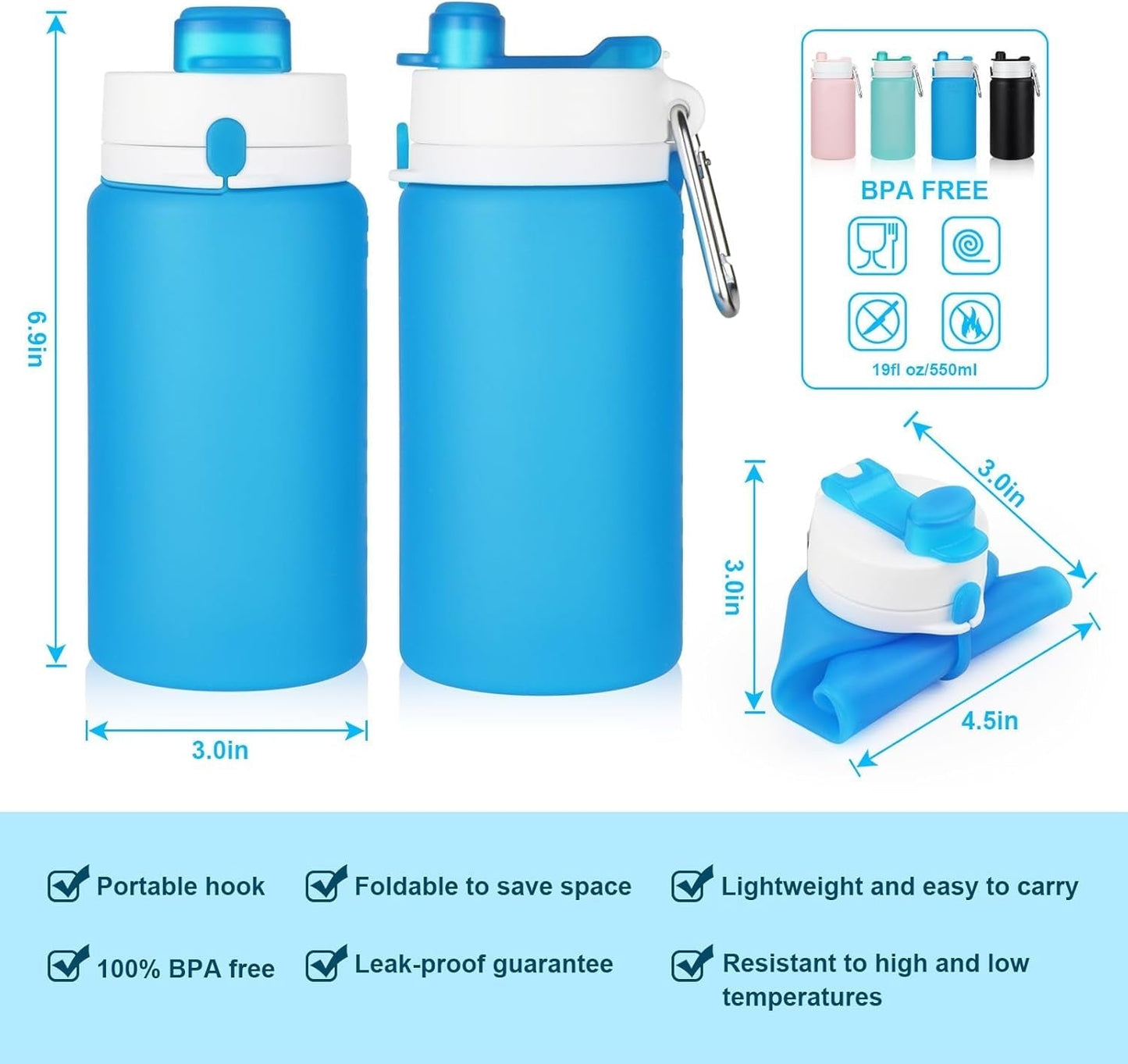 Collapsible Water Bottle, 19Oz Foldable Water Bottle BPA Free Reusable Lightweight Leak-Proof Travel Silicone Water Bottle for Travel, Gym, Hiking, Office, Camping(Blue) - WORLD TIME VISITS