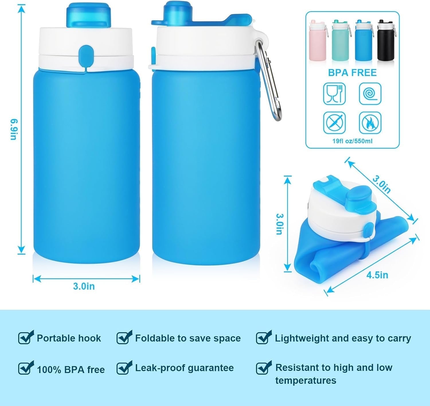 Collapsible Water Bottle, 19Oz Foldable Water Bottle BPA Free Reusable Lightweight Leak-Proof Travel Silicone Water Bottle for Travel, Gym, Hiking, Office, Camping(Blue) - WORLD TIME VISITS
